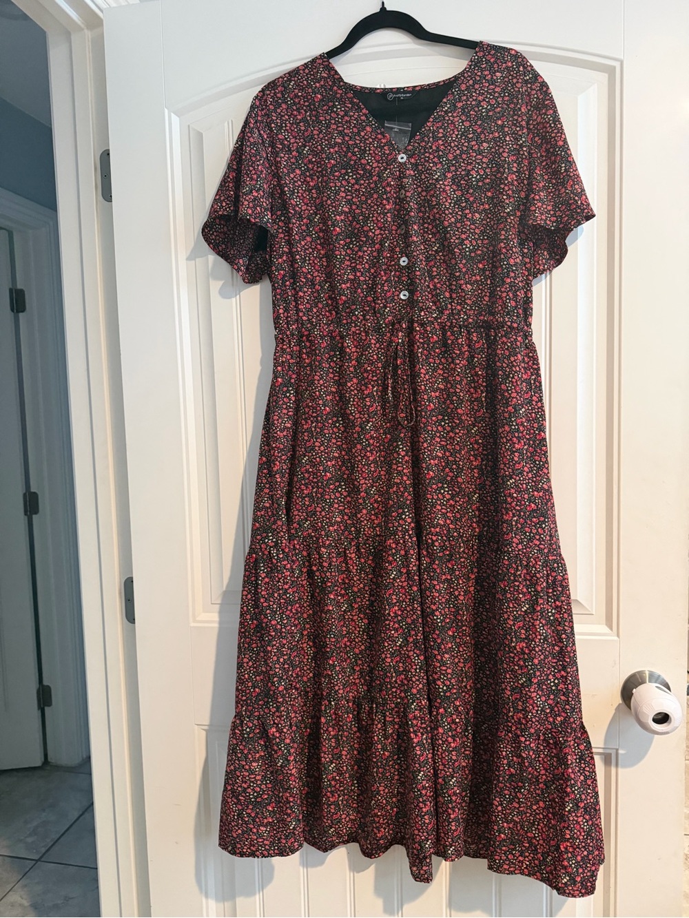 Women’s Floral Button-Front Midi Dress in Burgundy XL